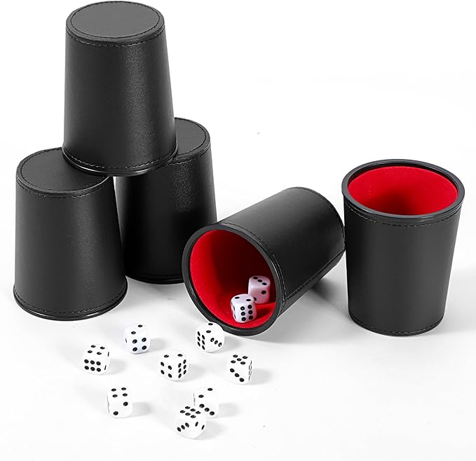 5X Dice Cup Set, PU Leather Dice Shaker Cups with 30 Dices for Bar Party Yahtzee Farkle Dice Games, Coffee (5, Black Red)