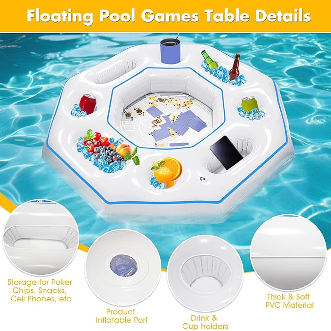 Octagonal Inflatable Game Table with Waterproof Playing Cards, Inflatable Pool Bar Games for Adults, Floating Portable Bar Table Tray for Hot Tub or Pool Beach Party