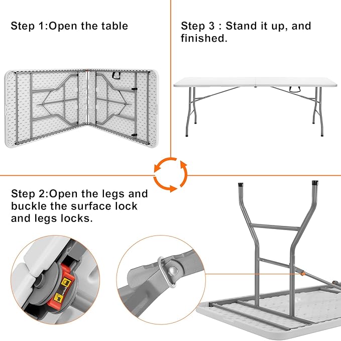SKOK Folding Picnic Table 8 Foot, 8FT Long Plastic Picnic Table Portable with Carry Handle, White Tailgating Utility Commercial Craft Table with Heavy Duty Frame for Party & Events,330lbs