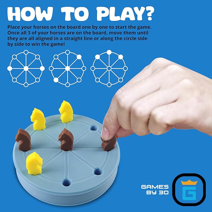 ROTA Game, Tic-Tac-Toe Game with Never a Tie, A Winner in Every Round, Ancient Roman Strategy Game, Portable 4" Board, Pockets or Purse-Size, with Horse Pieces, Made in USA (Blue)