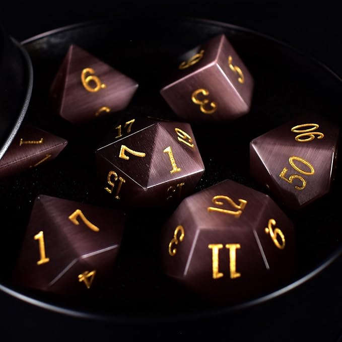 Gemstone DND Stone Dice Sets D&D 7 Pcs Polyhedral Dice Set Handmade Puple Cat's Eye Stone Dice Set Natural Gemstone Dice Sets with Metal Case for Dungeons and Dragons RPG MTG Tabletop Games