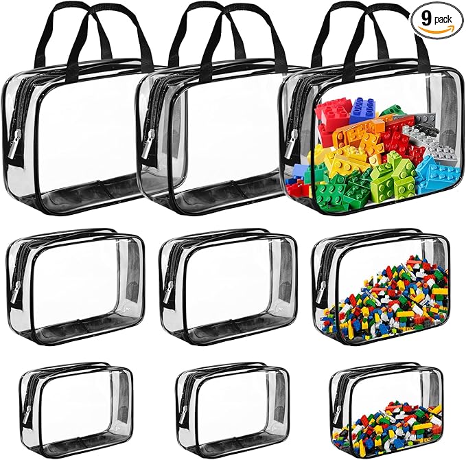 9 Packs Clear PVC Toy Storage Bags Toiletry Bags Waterproof Kids Zippered Toy Organizing Bags for Building Blocks Puzzle Stationery Black