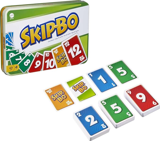 Mattel Games Skip Bo Card Game in Decorative Tin with 162 Cards, Sequencing Family Game for 2 to 6 Players, Kids Gift for Ages 7 Years & Older (Amazon Exclusive)
