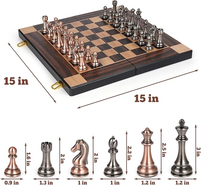 15-Inch Large Metal Chess Set for Adults and Kids with Metal Chess Pieces – Foldable Wooden Board with Storage, Portable Classic Game Set for Travel & Home, Elegant Gift for Chess Enthusiasts