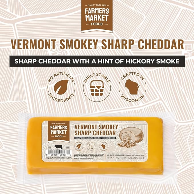 Farmers' Market Vermont Smokey Sharp Cheddar Cheese Block 7oz, Shelf Stable, Locally Sourced Wisconsin Cheese, All Natural Cheese Snack, Perfect for Slicing and Shredding, 3-Pack