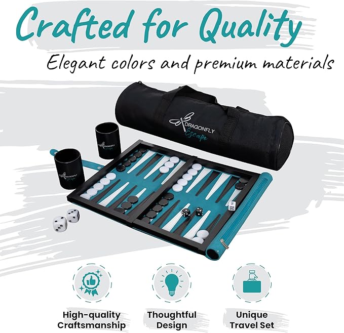 Deluxe Travel Backgammon Set – Roll-Up Board with Magnetic Wooden Frame, Dice Cups and Bag - Unique Travel Backgammon Set for Adults