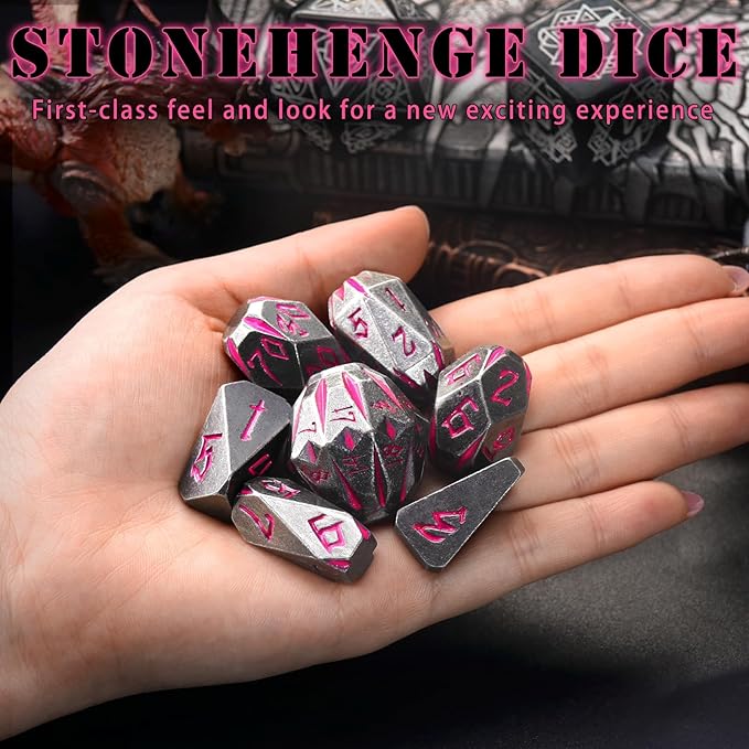 DND Metal Dice Set, ZHOORQI 7 Pcs Polyhedral Dice, Perfect for Dungeons and Dragons, RPG Role Playing Games - Unique Cool Dice with Stonehenge Themed Design for Game Gifts(Black Pink)