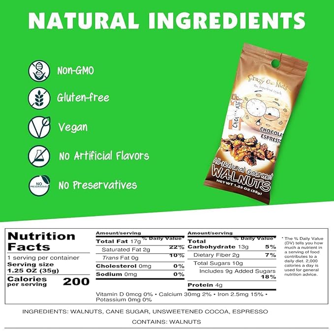 CrazyGoNuts Walnuts - Chocolate Espresso, 1.25 oz, 6-Pack, Healthy Snacks, Vegan, Gluten Free, Superfood, Natural, Non-GMO, ALA, Omega 3 Fatty Acids, Good Fats, Antioxidants