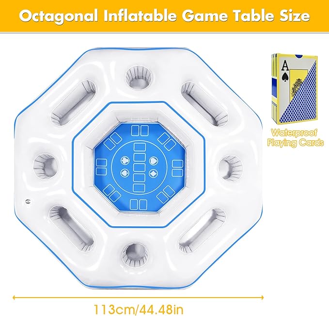 Octagonal Inflatable Game Table with Waterproof Playing Cards, Inflatable Pool Bar Games for Adults, Floating Portable Bar Table Tray for Hot Tub or Pool Beach Party