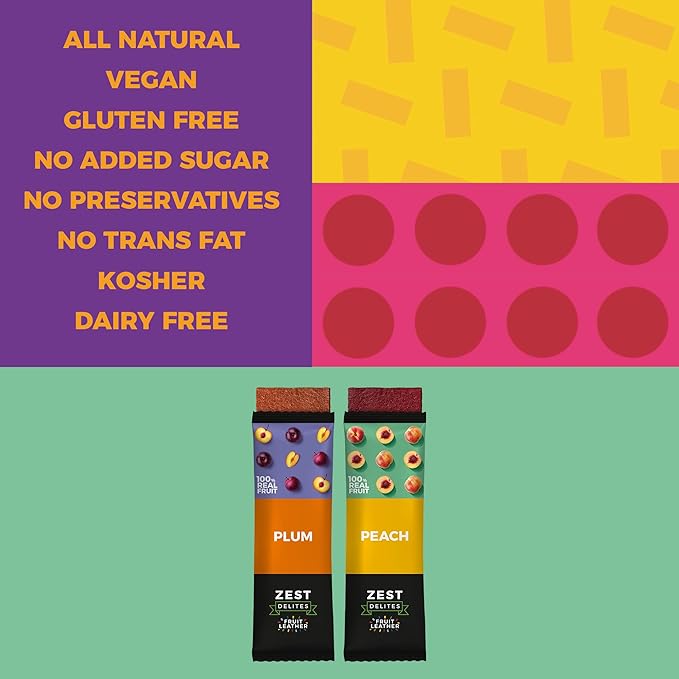 Fruit Snacks by Zest Delites, Dried Fruit Leather Bars, Healthy Snacks for Adults & Kids, Gluten Free Apple-Based Strips, Vegan, Peach, Plum, 0.88 oz x 10