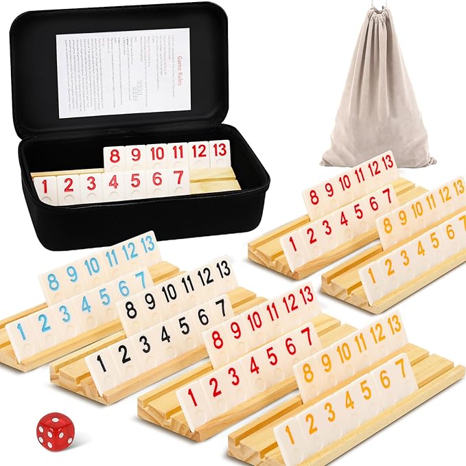 Upgraded 6 Players Rummy Game with 6 Wooden Racks, 160 Melamine Tiles, Drawstring Bag, Premium Portable Case, Tile Board Games for Adults, Birthday Gifts for Women Men Dad Mom Husband Wife