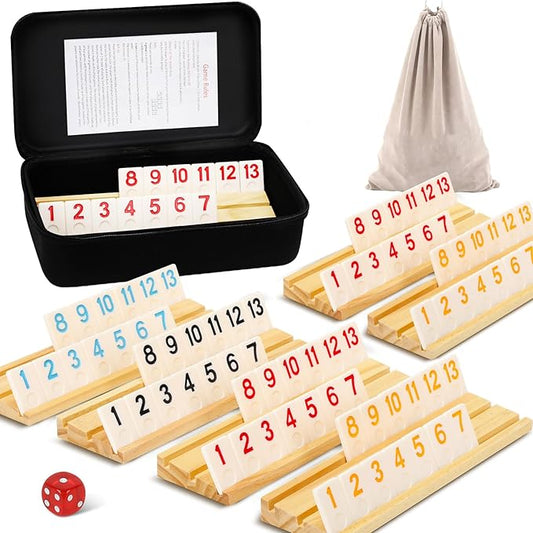 Upgraded 6 Players Rummy Game with 6 Wooden Racks, 160 Melamine Tiles, Drawstring Bag, Premium Portable Case, Tile Board Games for Adults, Birthday Gifts for Women Men Dad Mom Husband Wife