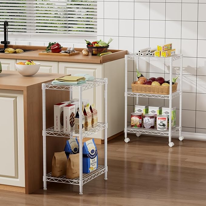 Small 3 Tier Shelves Storage Wire Shelving Unit Metal Shelf Adjustable Organizers Storage Shelving with Wheels for Bathroom Laundry Room Kitchen Pantry12”D x 18”W x 30.7”H White