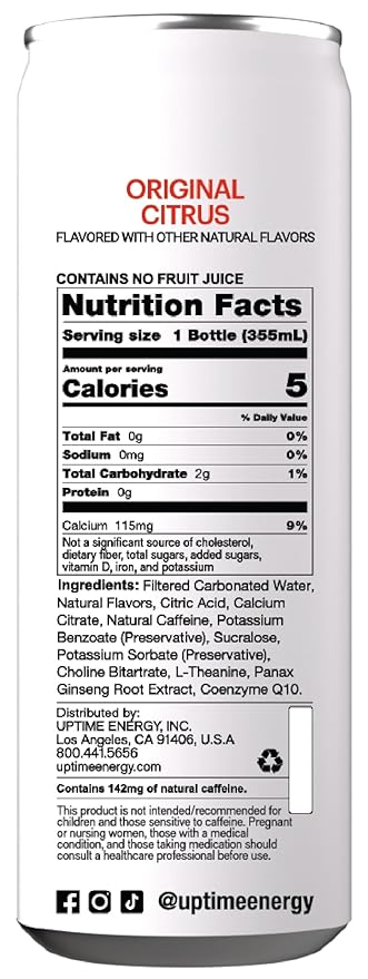 UPTIME Energy Drink, Original Citrus Sparkling, 12 Pack, Vitamin C, L Theanine, Calcium, Sugar Free Energy Drinks for Focus Support, 142mg of Natural Caffeine, 5 Calories, Clean, Natural, 12 fl oz Cans