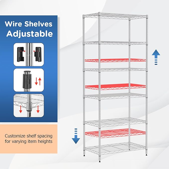 FDW 6-Shelf Adjustable,Storage Shelves Wire Shelving Shelving Unit Metal Shelves Storage Shelf,13" D x 23" W x 59" H,Chrome