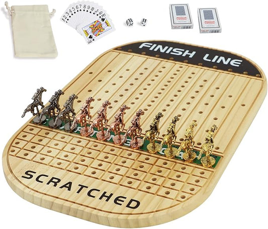 Horse Race Board Game Racing Game Thickened Solid Wood with 11 Luxurious Durable Classic Metal Horses with 4 Dice and 2 Boxes of Cards Horse Racing Game (Log Color, Oval)…