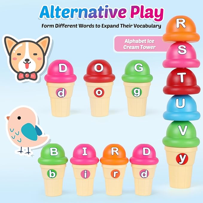 Torlam Alphabet Learning Ice Cream Toy Play Set, Toddler to Little Kid, Letter Matching Toy, 26 Letters Games, 52 Pieces
