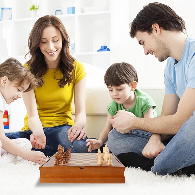 GSE Games & Sports Expert Wooden 7-in-1 Board Game Set - Chess, Checkers, Backgammon, Dominoes, Cribbage Board, Playing Card & Poker Dice Game Combo Set (Old Fashioned)