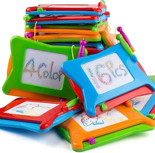16pc Mini Magnetic Drawing Board, 4-Colors Travel Size Erasable Doodle Magna Board Toy, Small Writing Painting Sketching Pad, Educational Learning and Classroom Prizes for Toddler Boy Girl Kids Child