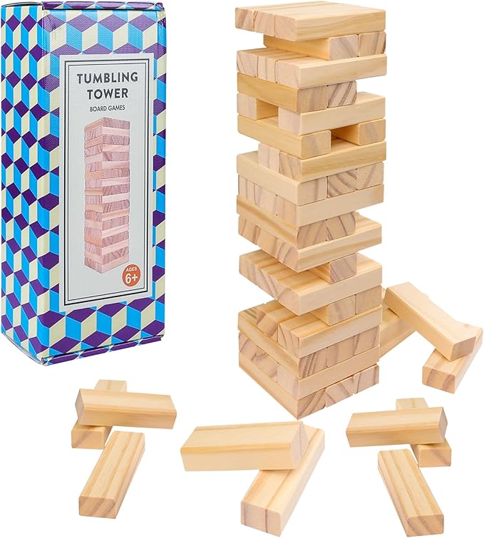 Wooden Stacking Blocks Game - 54 pcs Tumbling Tower Set for Kids & Adults, Family Board Games Indoor/Outdoor, Educational STEM Toy with Natural Wood Blocks, Portable Stacking Toys Party Games