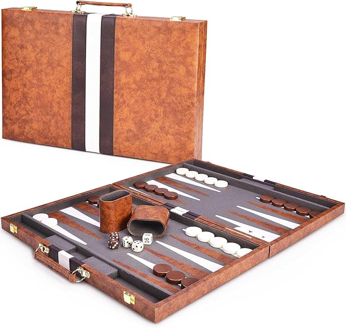 AMEROUS Backgammon Set, 18 Inches Classic Board Game withLeather Case, Folding Board, Gift Package, Portable Travel Strategy Backgammon Game Set for Adults, Kids (Large, Brown)