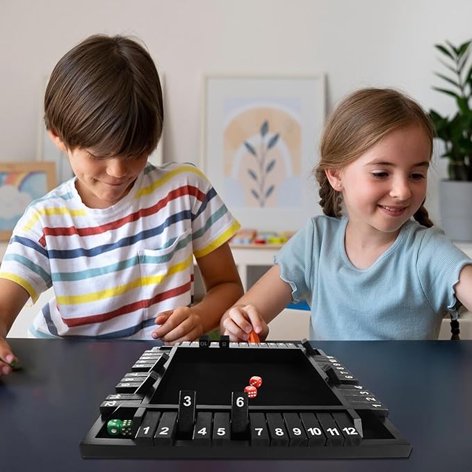 GSE Games & Sports Expert 1-4 Player Wooden Shut The Box Board Game with 8 Dice. 4-Way 12 Numbers Shut The Box Dice Set of Popular English Pub Board Game - Black