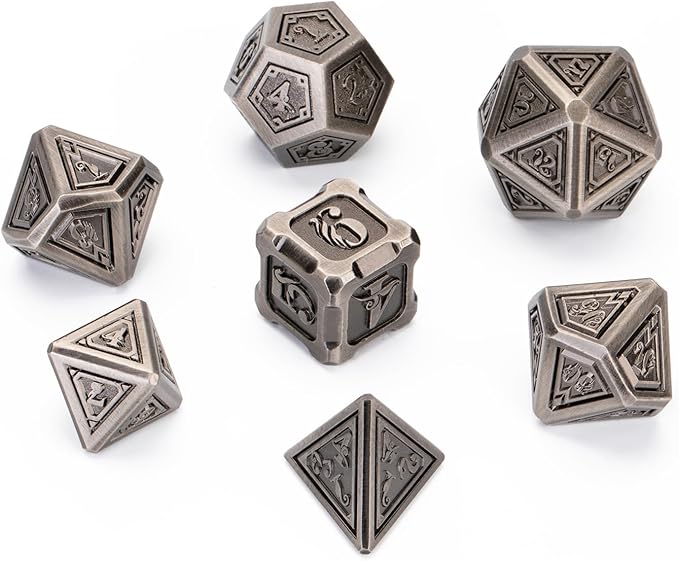 Metal dice 7 pcs DND Dice Set with Beautiful Gift Box for Dungeons and Dragons MTR PRG Tabletop Games (Silver-Grey)