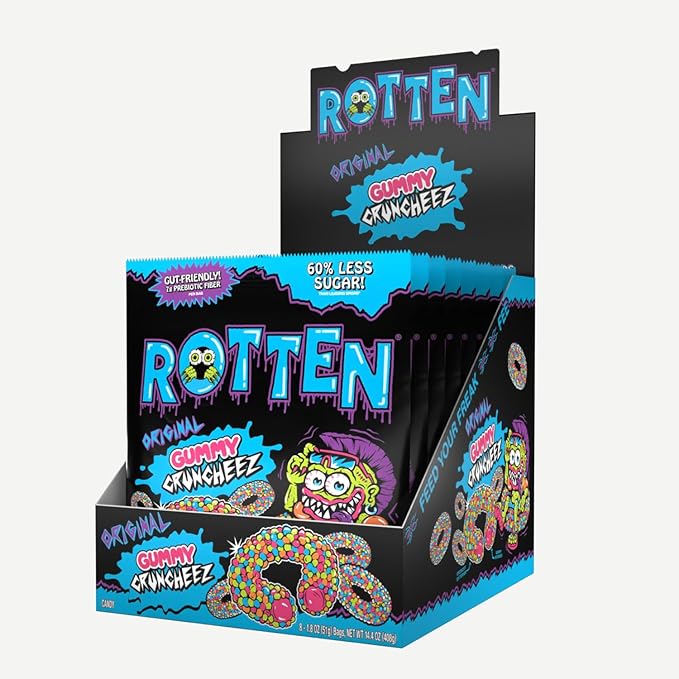 Rotten Original Gummy Cruncheez - Low Sugar, Low Calorie, 5g Gut-Friendly Prebiotic Fiber, Gluten Free Candy, No Artificial Dyes - 1.8 oz - 8-Pack