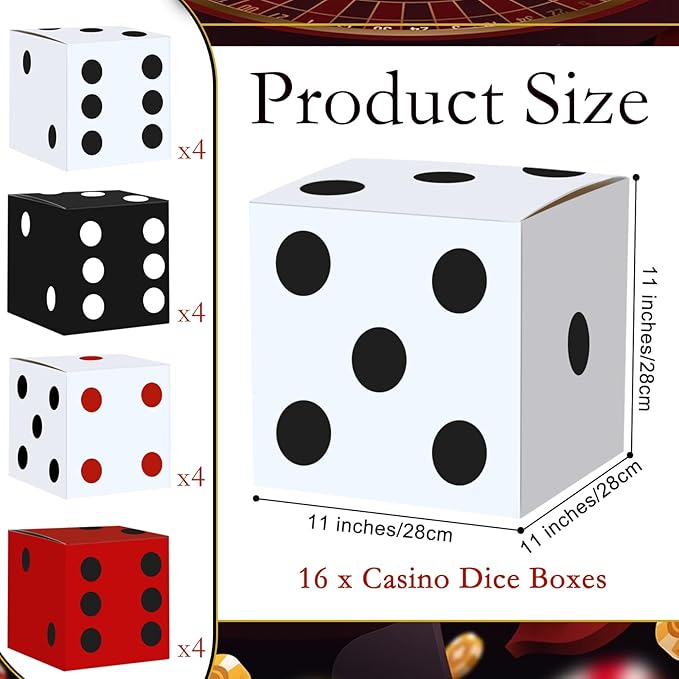 16PCS Large Casino Dice Boxes 11 Inch Casino Theme Party Decoration Jumbo Giant Dice Favor Boxes Bulk for Board Game Night Table Centerpiece Las Vegas Graduation Prom Birthday Party Supply, Multicolor