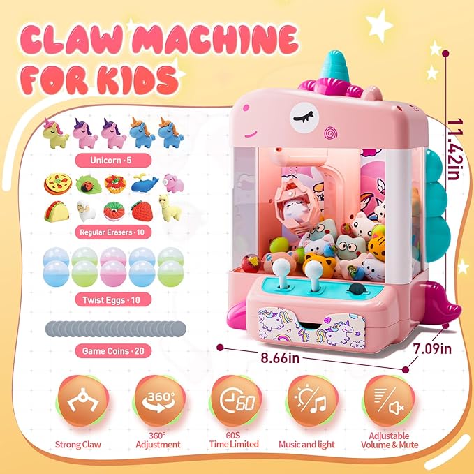 Skirfy Unicorns Claw Machine, Mini Vending Machine with Lights & Music, Adjustable Sound, Candy and Electronic Prize Dispenser, Includes 45 Toys, Candy and Birthday Gift for Kids Girls