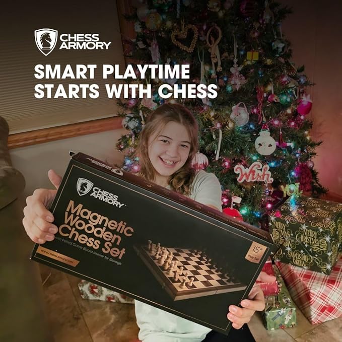 15 Inch Magnetic Wooden Chess Set for Adults & Kids - Folding Travel Chess Board with Handcrafted Staunton Pieces, Extra Queens, and Storage Slots