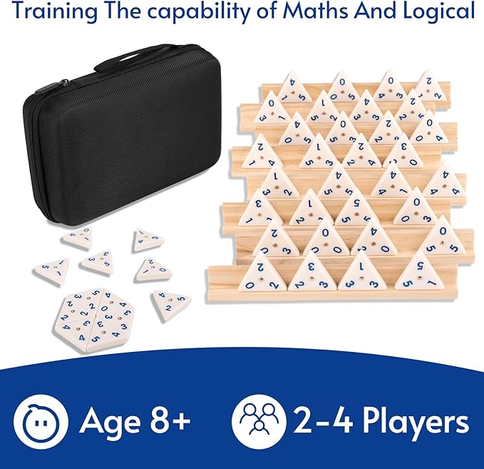 Triangle Domino Game Set with 8 Wooden Holders & 56 Triangular Domino Tiles & Brass Spinner Travel Essentials Classic Family Strategy Board Game for Kids and Adults