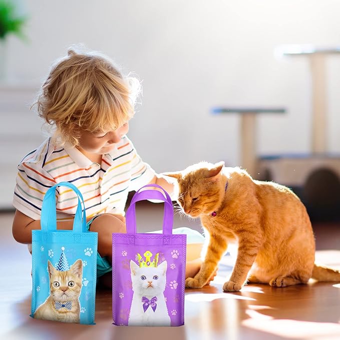 24 Pcs Cat Party Favor Bag Cute Cat Goodie Bags Pet Party Favor Shopper Pet Themed Treat Supplies Non Woven for Baby Shower Birthday Decoration Supplies