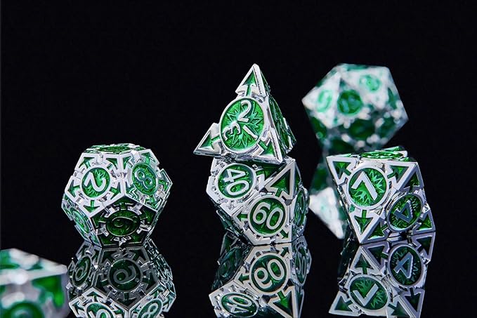 RULE DICE DND Metal Dice Set, D&D Dungeons and Dragons Dice, Cool Large Weighted 7 die Green Metal DND Dice Set, RPG MTG Role Playing Polyhedral Dice Set with D & D Gifts Box, D and D Dice Set