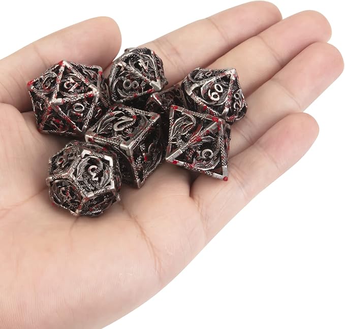 DND Dice Hollow D&D Metal Dice Dungeons and Dragons Dice Set with Gift Box 7 PCs Steampunk Polyhedral Dice Games Set for RPG,MTG,Pathfinder,(Dragon Blood Spattered)
