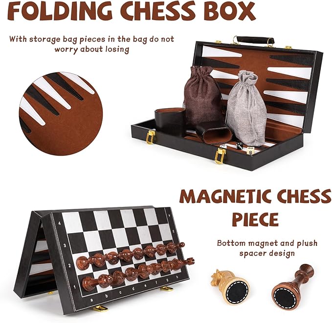 Chess Checkers Backgammon Set 3-in-1 Board Games Sets for Kids & Adults,15" Folding Magnetic Chess Set Leather Chess Board Strategy Game Portable Travel Chess Game with Magnetic Chess Pieces