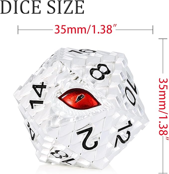 Metal D20 DND Dice Set - Dragon Scale Metallic 20 Sided Giant Polyhedral Dice,35mm Large Dragon Eye Metal D&D Dice Set for Dungeons and Dragon Tabletop Game(White Dragon Scale)