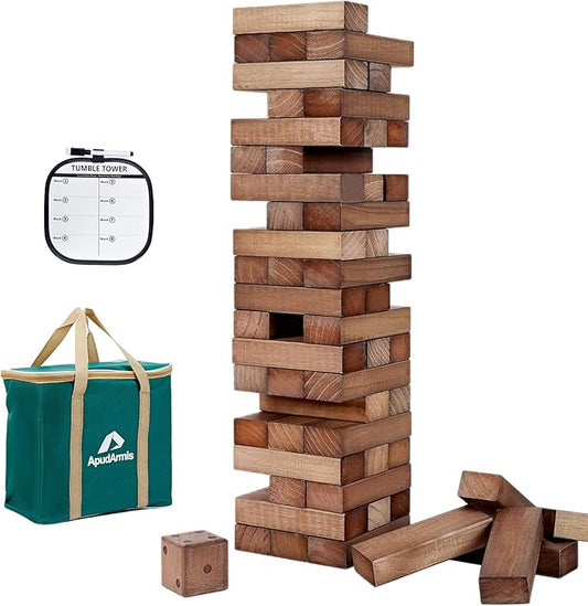 ApudArmis 54 PCS Tumble Timber Set Stack to 3FT, Pine Wooden Tumble Tower Game with Dice and Scoreboard Set - Classic Block Stacking Board Game for Teens Children Teenagers (Brown)