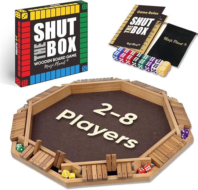 Dulex 2-8 Player Original Shut The Box Game, Math Dice Board Game for Family Night Classroom Travel, Wooden Classic Table for Group Kid Adult Senior Travel Party Bar Easy Quick and Fun