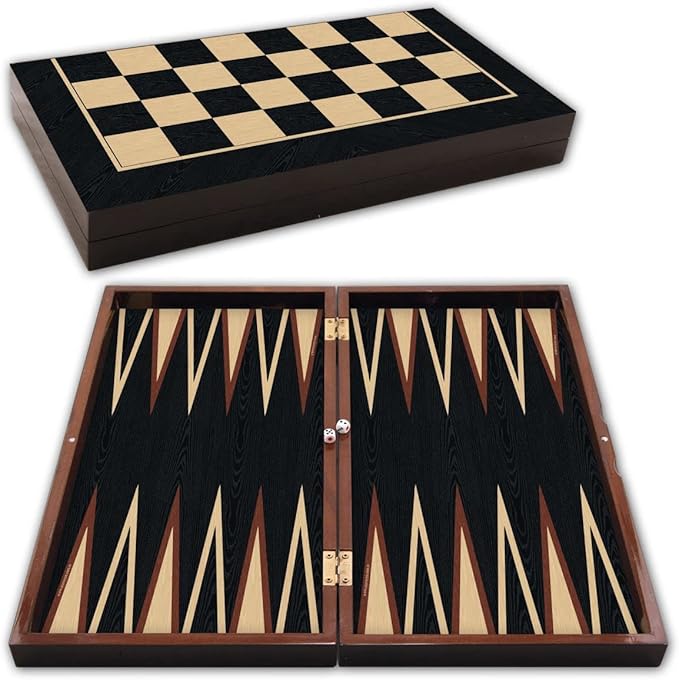 LuxuryVeneer Elite Backgammon Set with Checkers and Dice, 1.2-inch Thick MDF Case, Scratch-Resistant Coex Glossy Sephlon, Premium Materials, Elegant Design, Portable, and Stylish, Venge