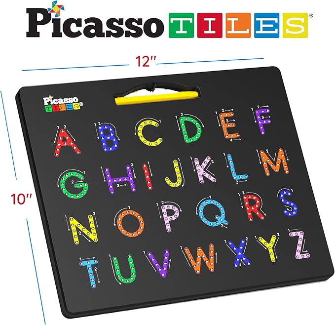 PicassoTiles 2-in-1 Magnetic Drawing Board Toy 12x10 inch Large Magnet Bead Tablet Pad with 2 Facings Alphabets STEM Educational Erasable & Reusable Learning Writing Playboard in Black PTB03