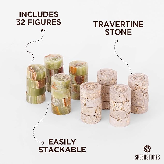 Marble Checkers 1.25 Inch Green and Travertine Stone Pieces for Classic Checker Board Games, Tabletop Strategy Set for Adults & Family, Travel and Outdoor Play