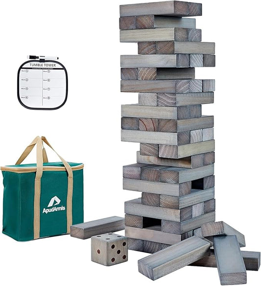 ApudArmis 60 PCS Giant Tumble Tower Stack to 5Ft, Pine Wooden Stacking Timber Game with 1 Dice Set - Classic Block Giant Outdoor Game for Teens Adults Family (Gray)