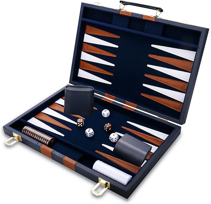 Backgammon Set - Classic Board Game with Premium Leather Case - Portable Travel Strategy Backgammon Game Set for Adults, Kids - Suitable as (15inch, Navy)