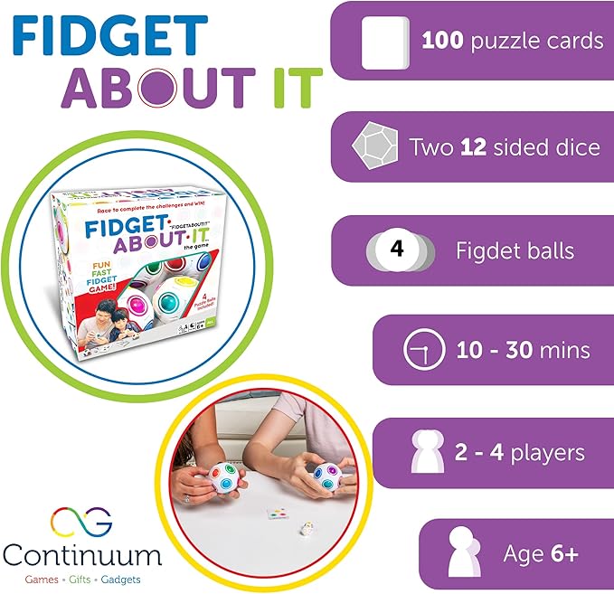 Continuum Games Fidget About It The Fast Paced Puzzle Dice Rolling Fidget Toy Board Game - Click The Orbs and Solve The Puzzles On The Cards - Fun for Family Game Nights - 2-4 Players Ages 6 and Up