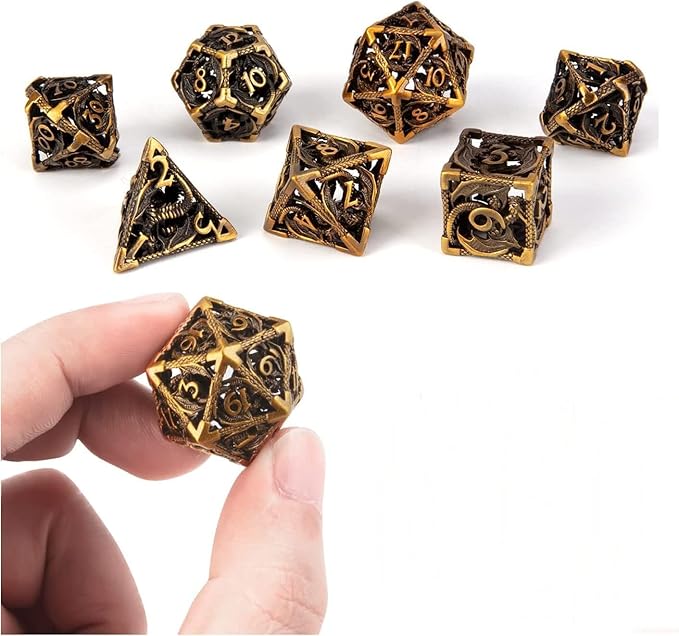 DND Dice,Hollow D&D Metal Dice,Dungeons and Dragons Dice Set with Gift Box,7 PCs Steampunk Polyhedral Dice Games Set for RPG,MTG,Pathfinder,(Dragon Ancient Golden)