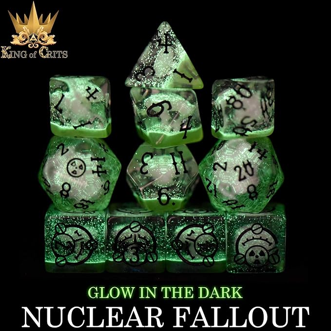 Nuclear Fallout 11 Dice Set | Glow in The Dark Radiation Wasteland Themed Polyhedral Dice Set | 3D Printed Mushroom Clouds and Geiger Counters DND MTG Tabletop Board Game Dice