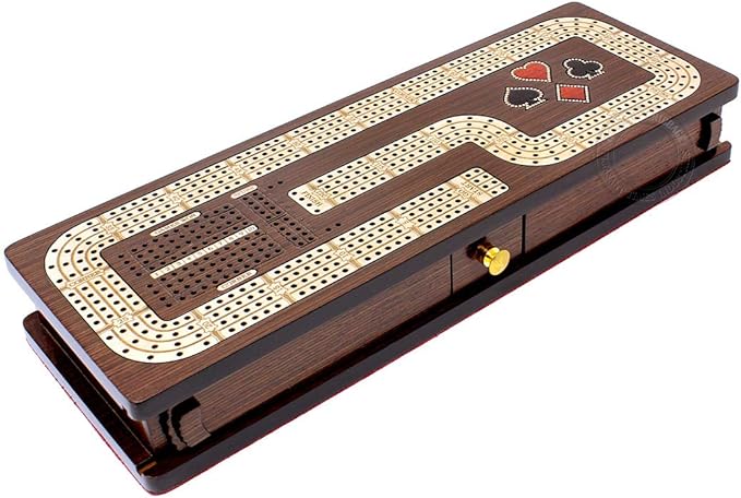 Continuous Cribbage Board/Box Inlaid in Wenge Wood/Maple : 4 Track - Cards & Pegs Storage Drawer with Score Marking Fields for Skunks, Corners and Won Games