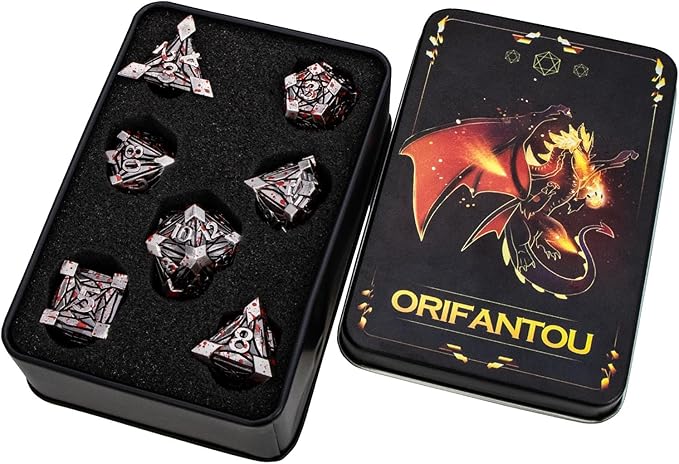 7PCS Metal DND Dice Set with Box, Debris RPG Blood Spatter D and D Dice for use with D&D Tabletop Games Role Playing Game Polyhedral Dice Set D20 D12 D10 D8 D6 D4