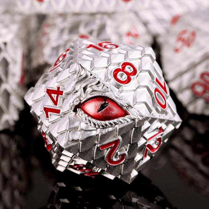 Metal Dice Set D&D,7 PCS Dragon Scale Metallic DND Dice Set,Dragon Eye Metal Dice with Gift Metal Box for Dungeons and Dragon Tabletop Game (White Dragon Scale & Red Eye)